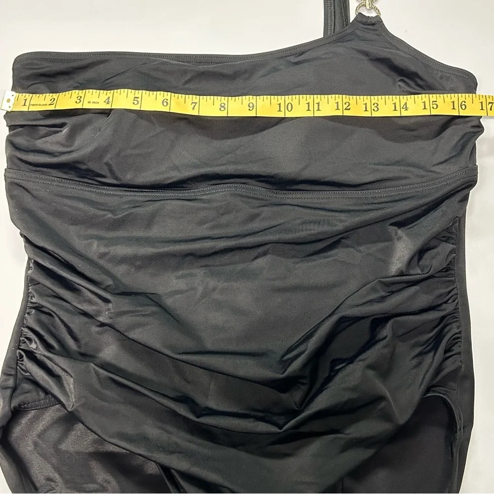 Lands End One‎ Piece Swimsuit Size 16P Asymmetric Soft Cups Shirred Black Beachy